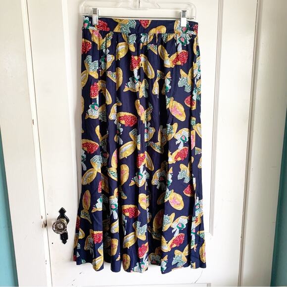 Vintage Susan Bristol Navy Straw Hat Print Pleated Midi Skirt Grandmacore 12 - Picture 1 of 9